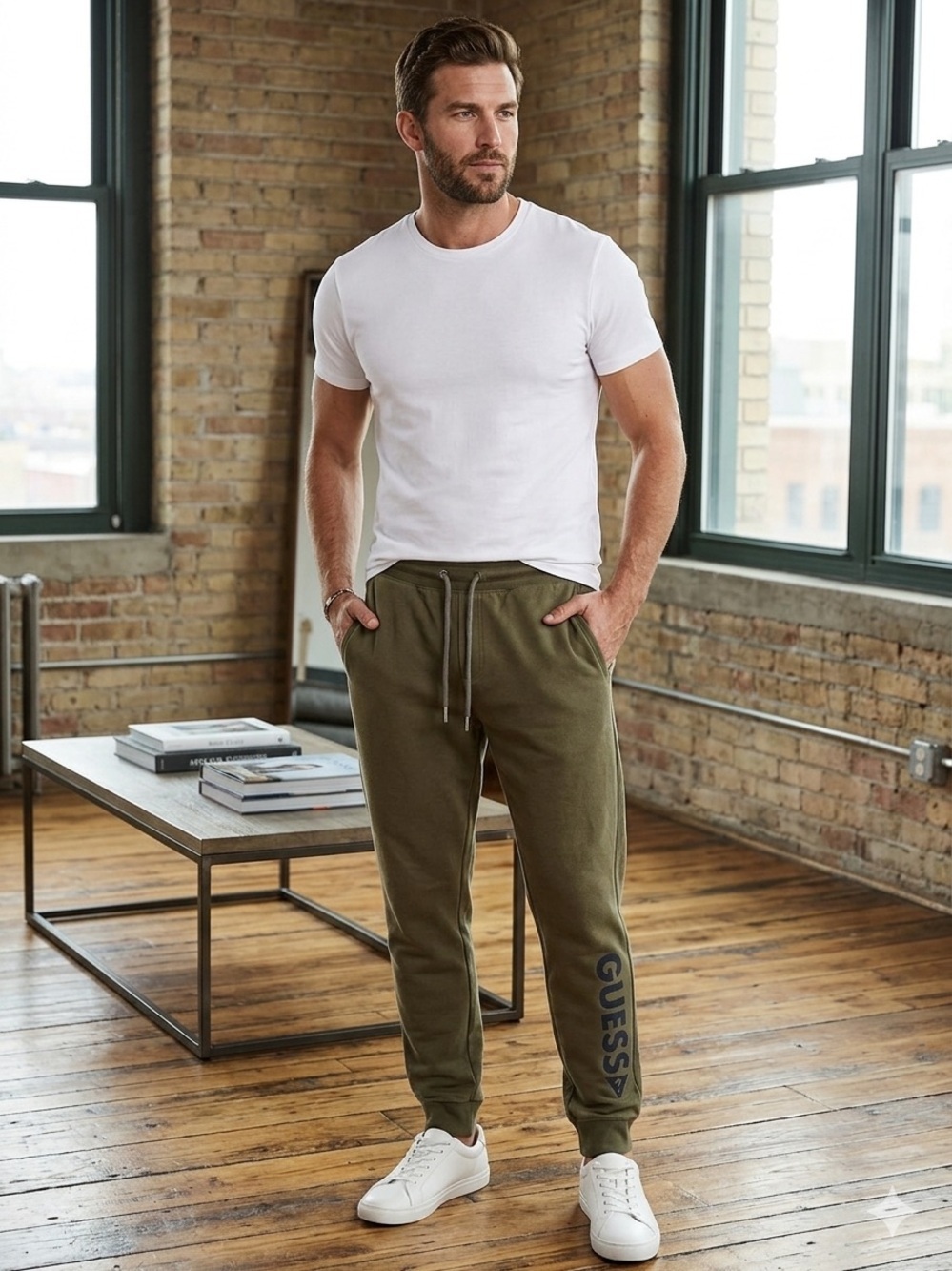 GUESS Olive Green Men's Joggers Y2K Side Logo Size Small